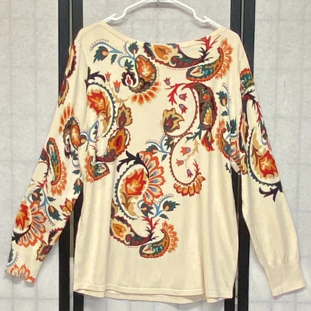 Chico’s Rust Green XL Knit Sweater Tee Long Sleeve Paisley Bateau Neck Pull Over - Picture 2 of 14